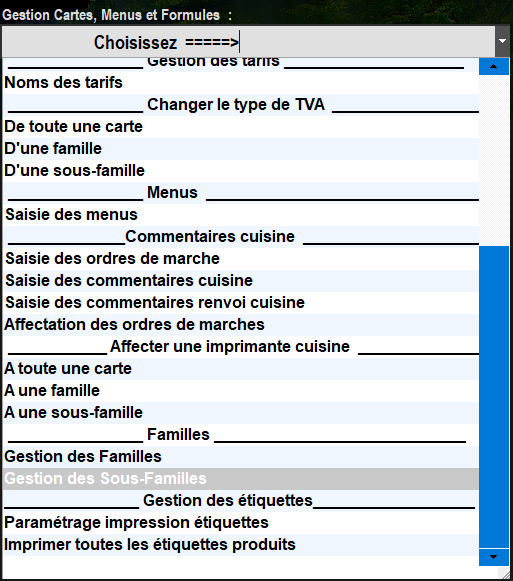 Gestion des cartes, menus et formules