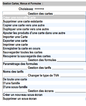 Gestion cartes menus et formules