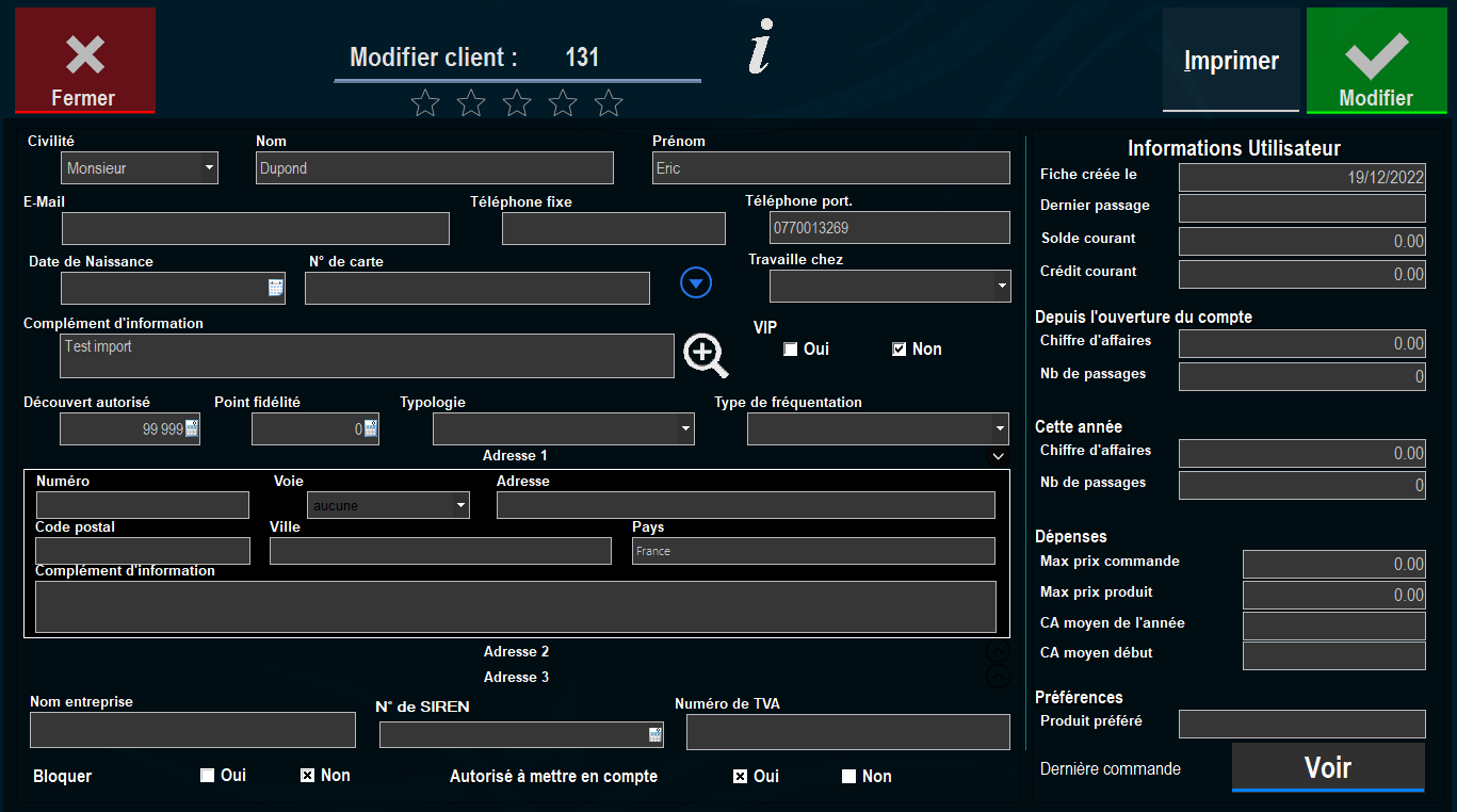 page de modification d'un client