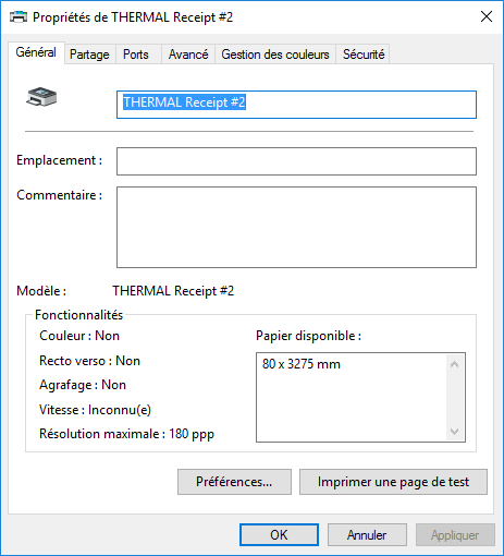 Propriétés de l'imprimante