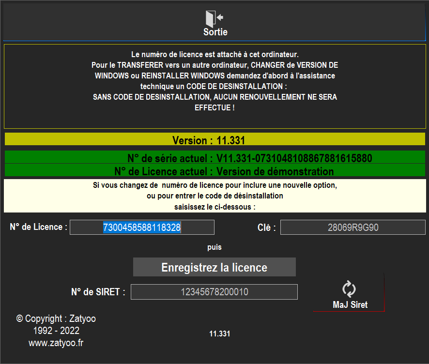 Renseigner la licence et la clé d'activation