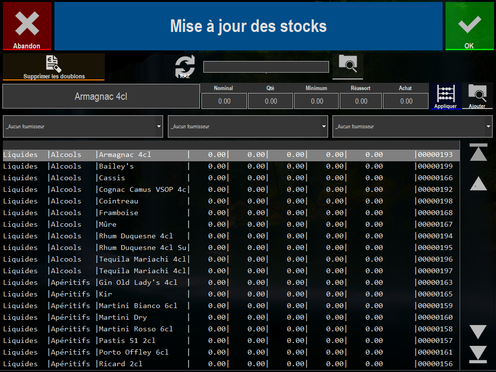 écran de la mise à jour des stocks