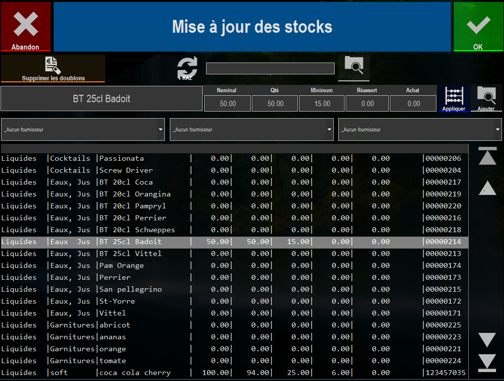 écran de la mise à jour des stocks