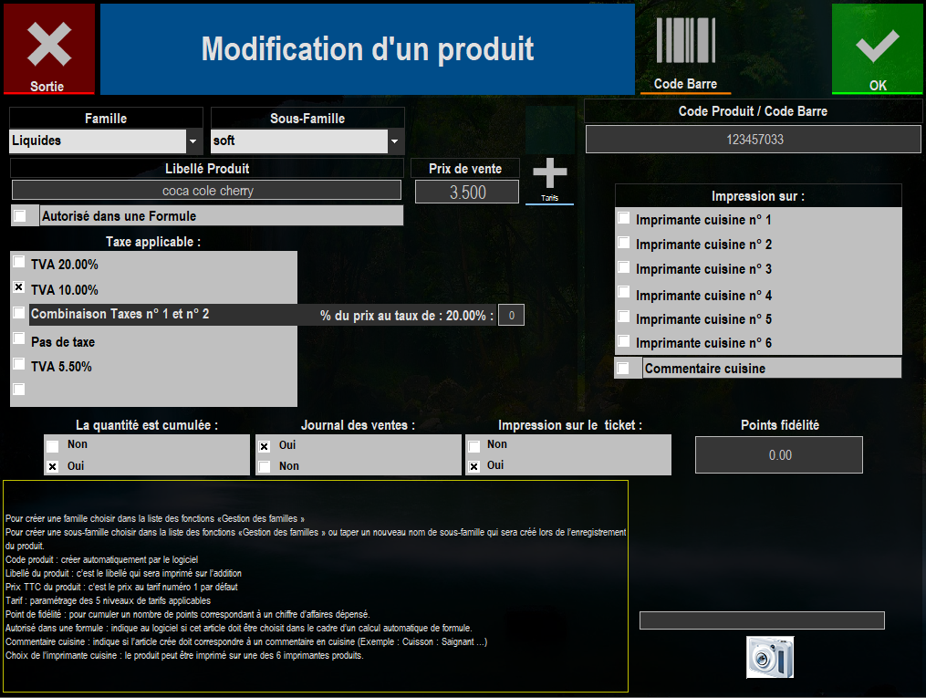 étape f : écran "Modification du produit"