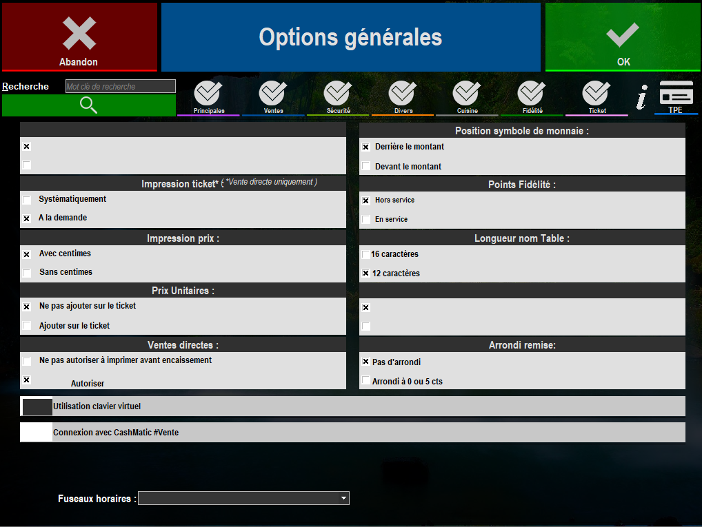 écran options générales