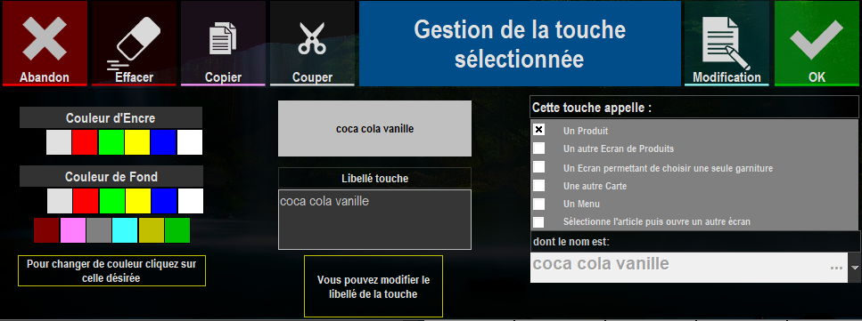 étape 4 : écran "Gestion de la touche séléctionnée"
