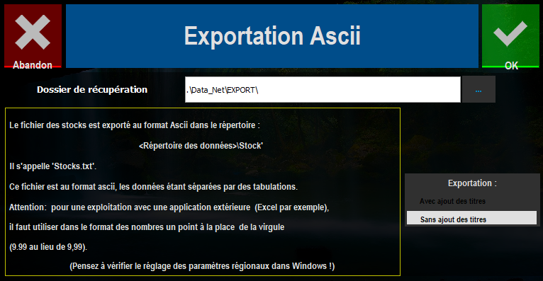 écran de l'Exportation Ascii