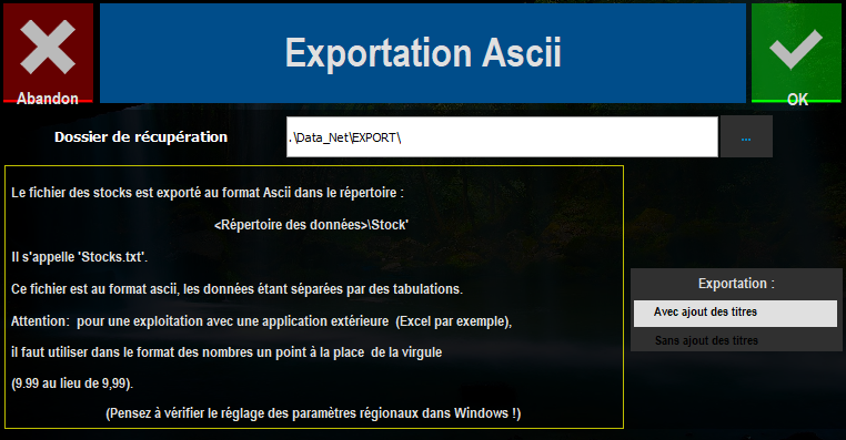 écran de l'Exportation Ascii