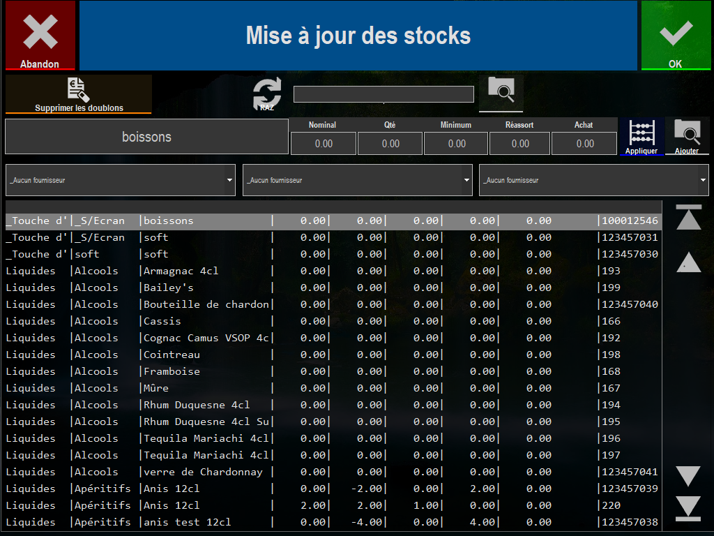 écran de la mise à jour des stocks