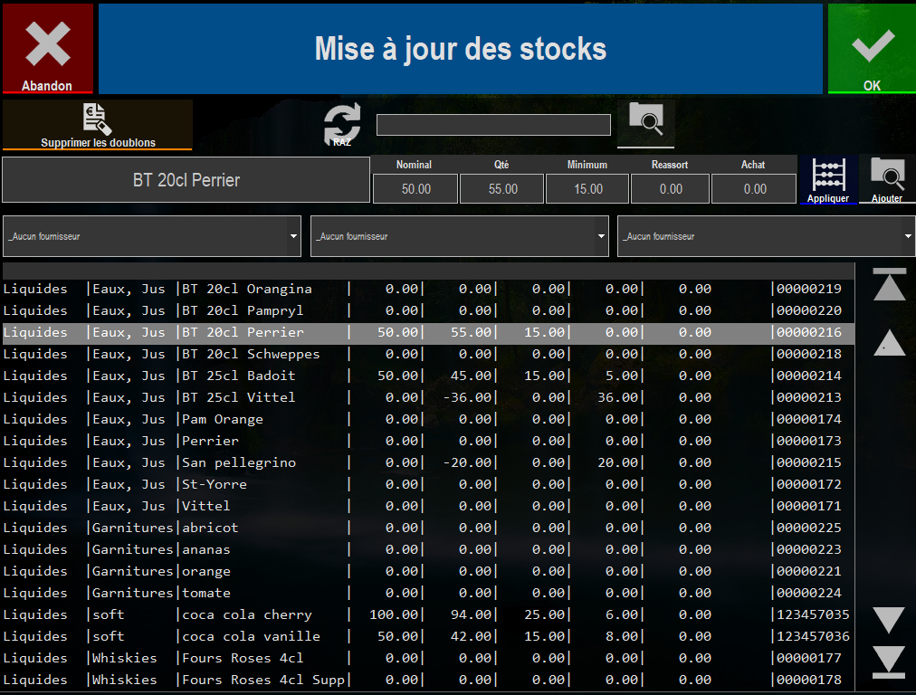 écran de la mise à jour des stocks