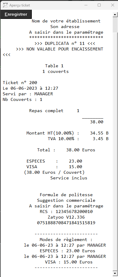 Exemple de duplicata sans détail des produits