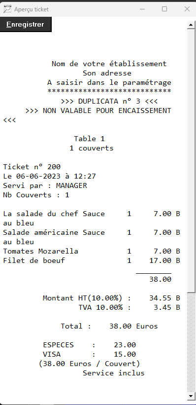 Exemple de duplicata avec détail des produits